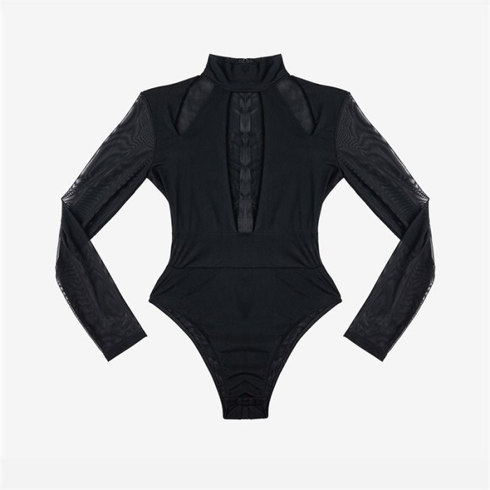 Black Sheer Long Sleeved Front Cut out Bodysuit