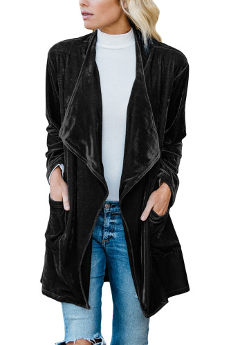 Black Draped Open Front Velvet Jacket