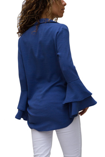 Navy Blue Layered Bell Sleeve Button Down Shirt