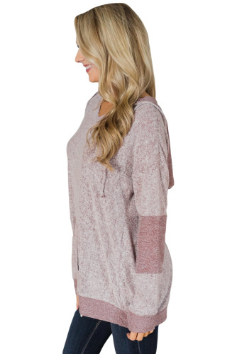 Dusty Pink V Neck Patchwork Design Hoodie