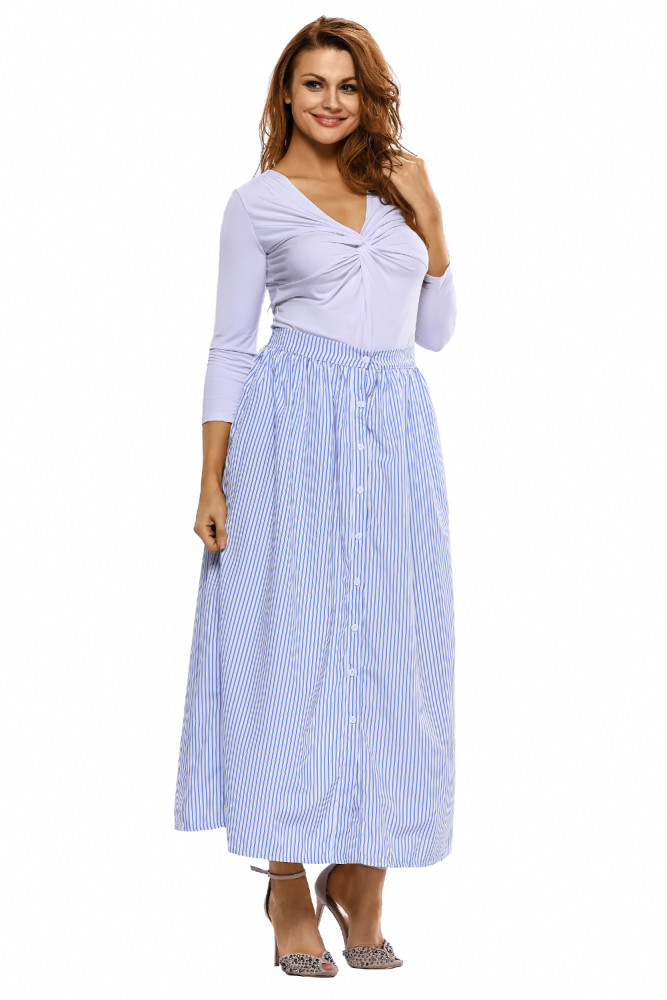 Blue White Stripes Button Front Maxi Skirt