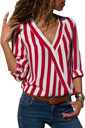 Red White Stripe Long Sleeve V Neck Shirt
