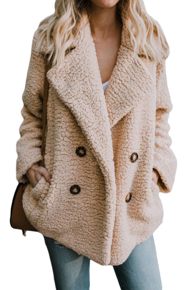 Khaki Fleece Open Front Coat with Pockets