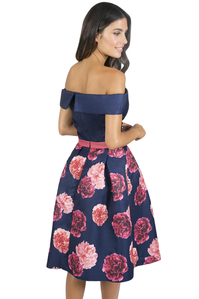 Navy Blue Off Shoulder Flared Floral Dress