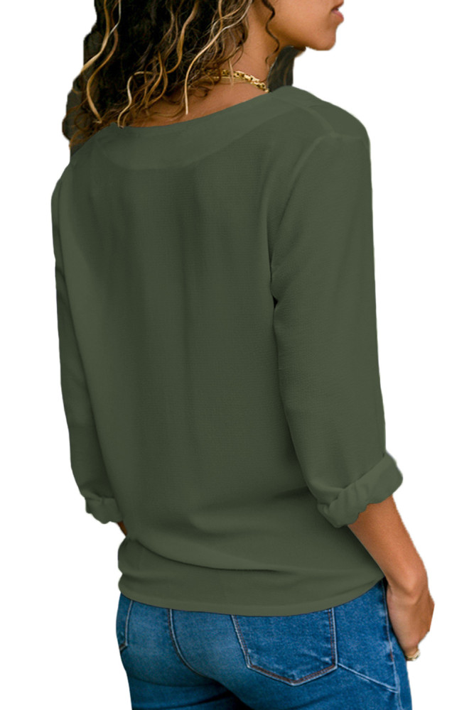 Olive Green Lapel V Neck Button Down Blouse