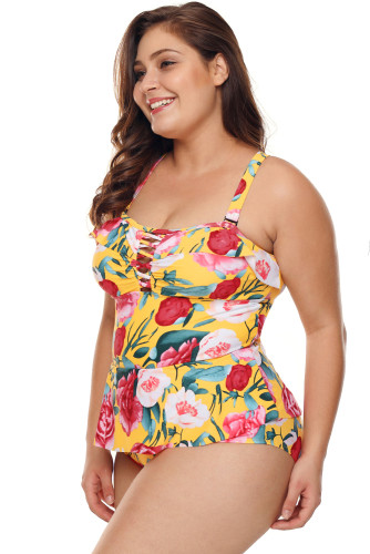 Plus Size Floral Print Crisscross Detail Teddy Swimsuit
