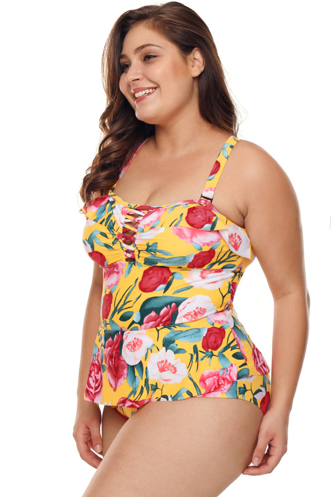 Plus Size Floral Print Crisscross Detail Teddy Swimsuit