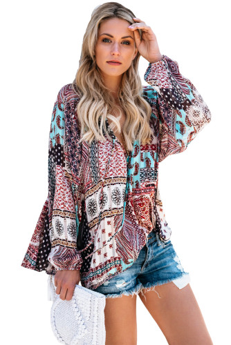 Dark Gypsy Print Tassel Tie V Neck Blouse
