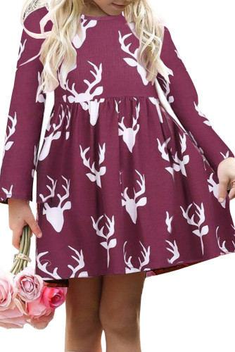 Burgundy Christmas Deer Print Long Sleeve Girl Dress