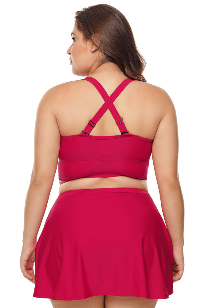 Red Wireless Plus Size Bikini Top and Swim Skirt Set
