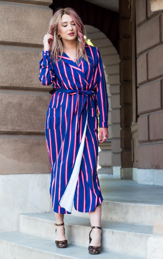 Navy Blue Multi Striped Shirt Dress with Tie
