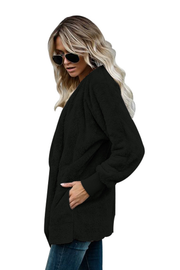 Black Soft Fleece Hooded Open Front Coat