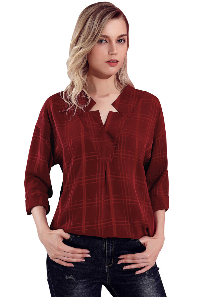 Burgundy Crepe Plaid Notched Neckline Blouse
