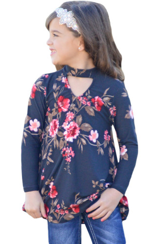 Navy Floral Key Hole Front Girl's Long Sleeve Top