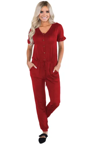 Burgundy Ruffled Short Sleeve Casual Jersey Jumpsuit