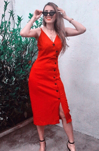 Red Button-down Linen Midi Dress