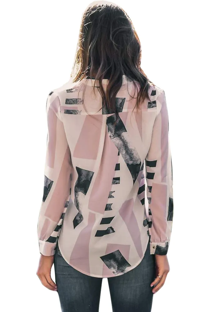 Modern Chic Pink Print Sheer Chiffon Blouse