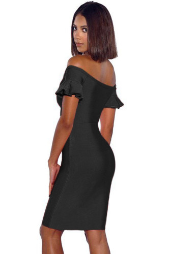 Black Off Shoulder Flared Sleeve Front Zip Bandage Dress