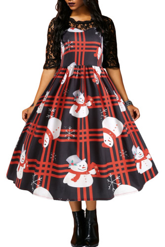 Vintage Snowman Plaid Christmas Print Flared Dress