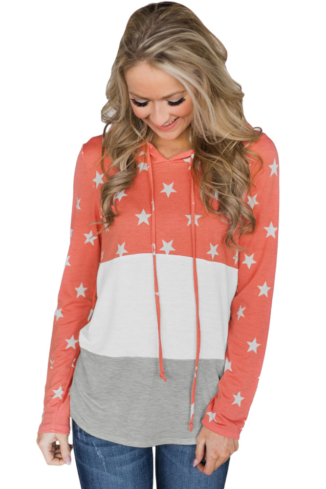 Coral Starry Splice Colorblock Drawstring Hoodie
