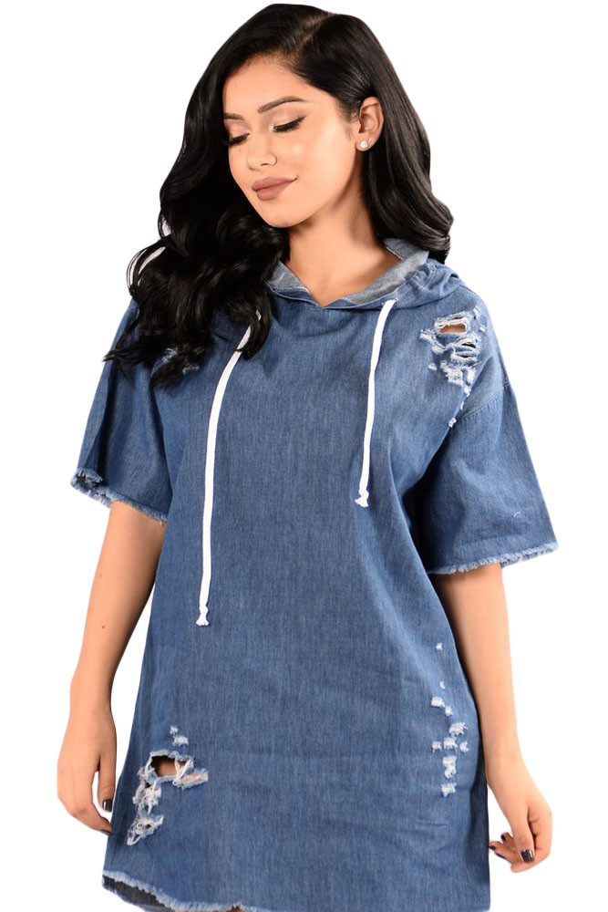 Casual Chic Denim Distressed Hoodie Dress