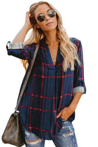 Navy Red Tricolor Plaid V Neck Blouse