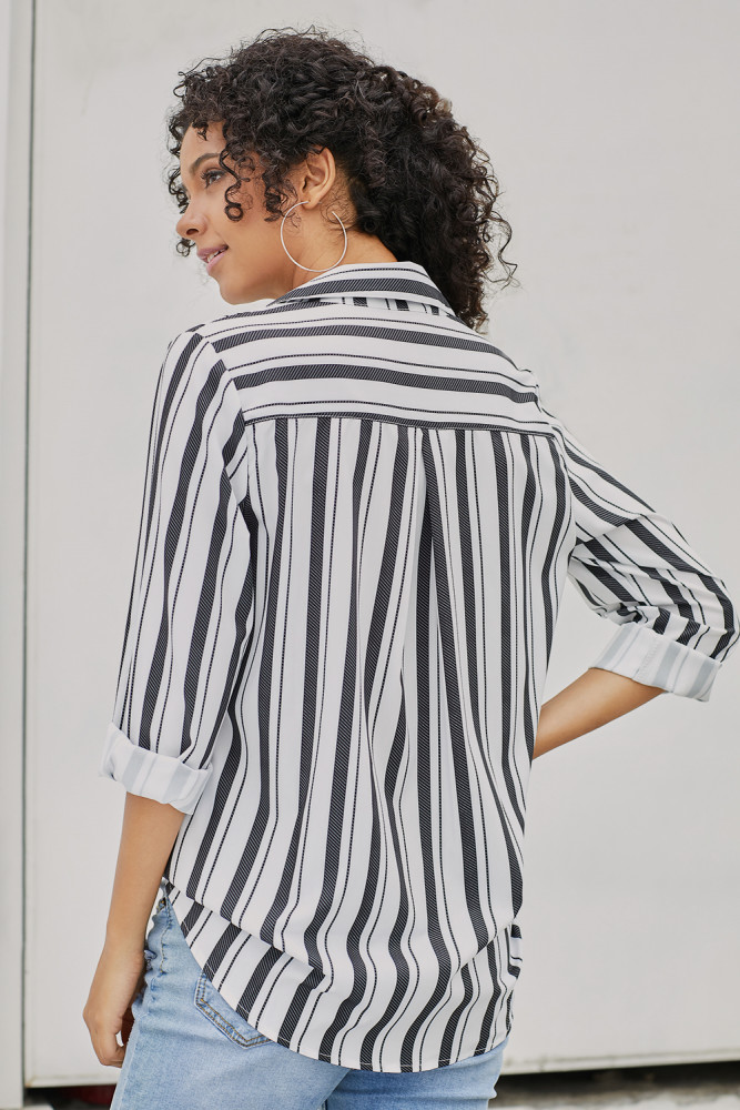 Black Striped Chest Pocket Button Down Shirt