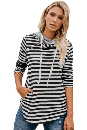 Black White Striped Button Detail Hoodie
