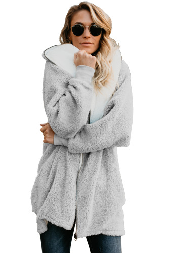 Gray Zip Down Hooded Fluffy Coat