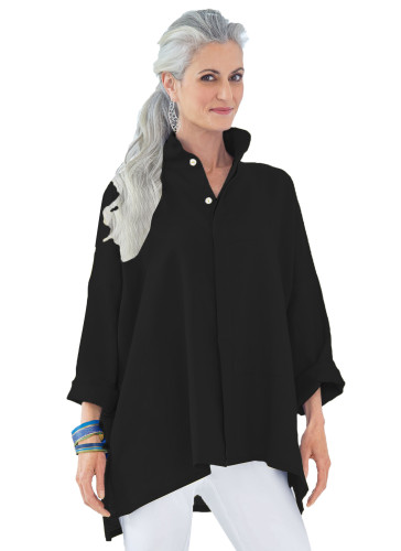 Black Stand Collar Button Front Blouse