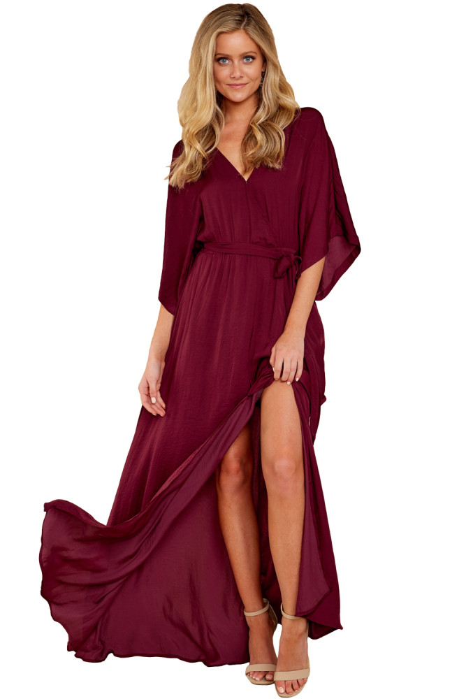 Burgundy Casual Kimono Style Maxi Dress