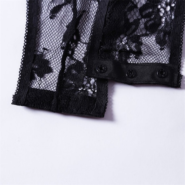 Black Long Sleeve Embroidery Lace Bodysuit