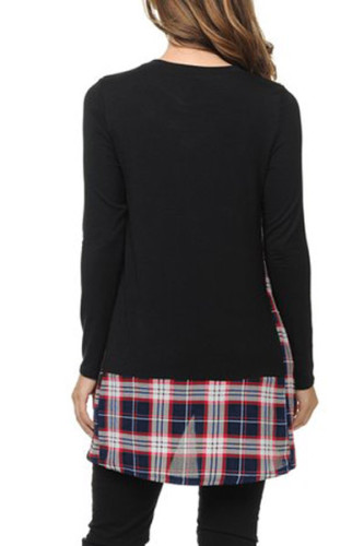 Black Plaid Patchwork Long Sleeve Tunic Top