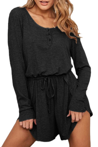 Black Ribbed Drawstring Waist Long Sleeve Romper
