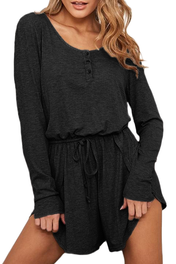 Black Ribbed Drawstring Waist Long Sleeve Romper