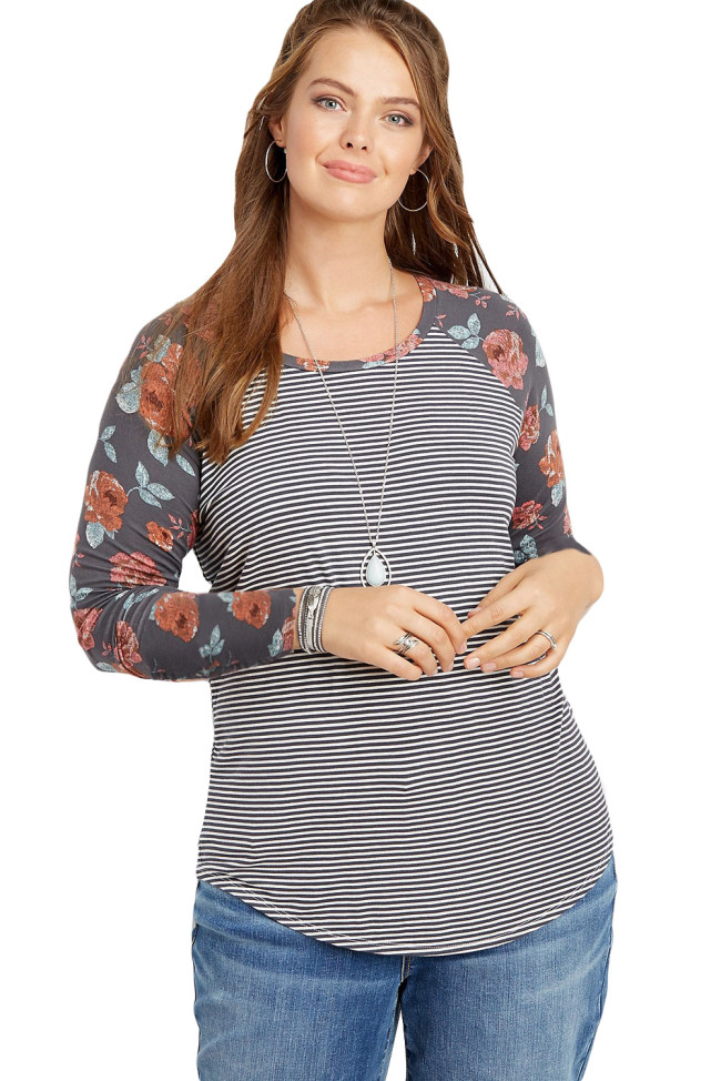 Plus Size Gray Floral Sleeves Striped Baseball Tee