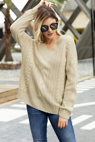 Khaki Cable Knit V Neck Sweater