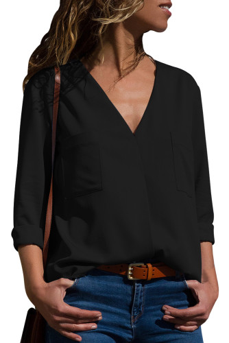 Black Pockets V-Neck Long Sleeve Blouse