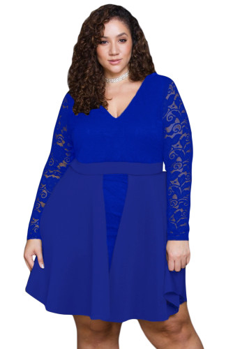 Royal Blue Floral Lace Patchwork Flared Curvy Dress
