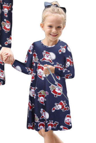 Navy Santa Claus Printed Girls Christmas Dress