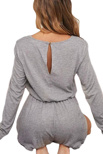 Gray Ribbed Drawstring Waist Long Sleeve Romper