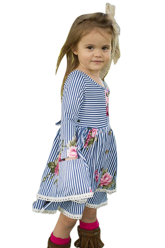 Blue Sweet Striped Floral Kids Dress