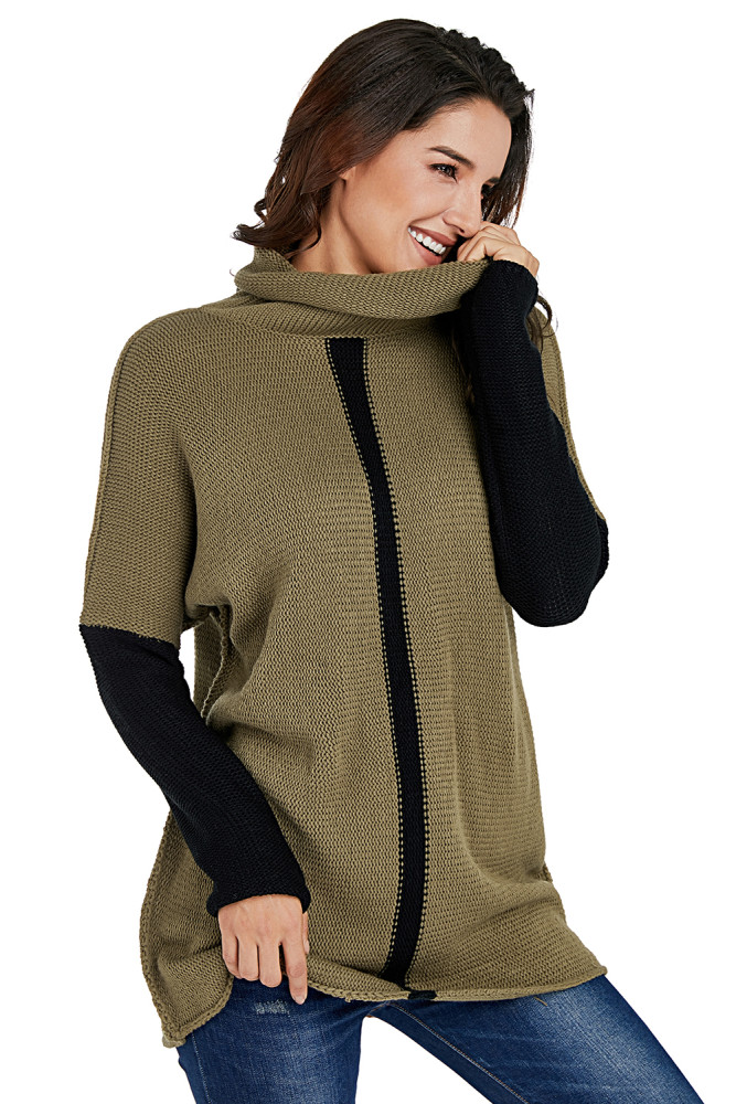 Army Green Individual Cowl Neck Pullover Sweater