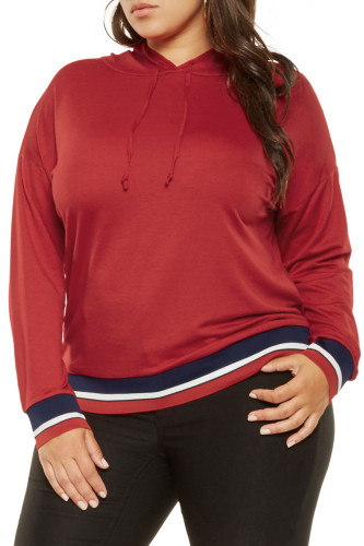Tricolor Striped Trim Red Plus Size Hoodie