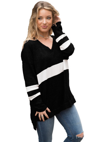 Black V Neck Chunky Stripe Sweatshirt