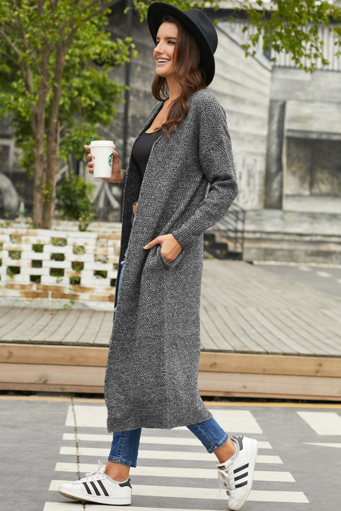 Gray Open Front Knit Long Cardigan