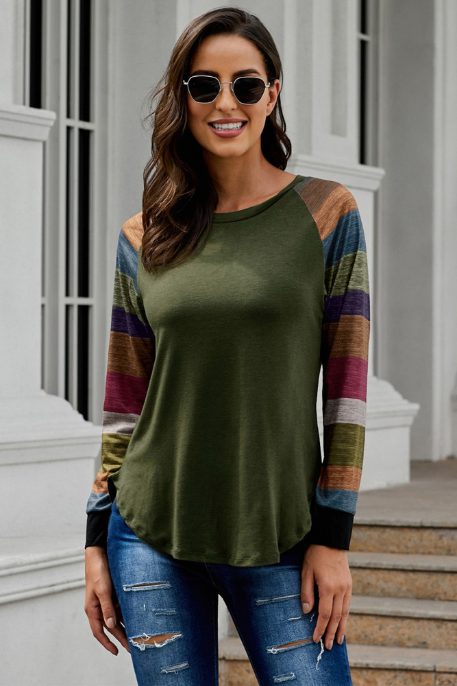 Color Block Long Sleeves Green Pullover Top