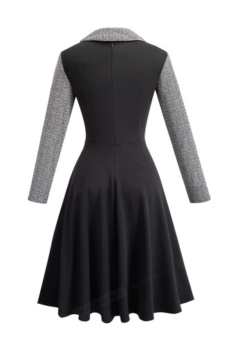 Gray Vintage Turn-Down Collar Pinup Button A-Line Dress