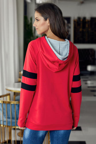 Red Varsity Striped Sleeves Double Hooded Sweatshirt