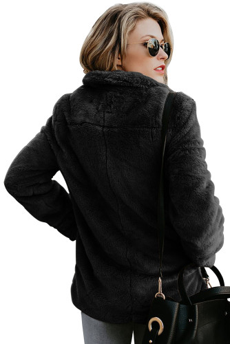 Black Pocket Style Fluffy Winter Coat